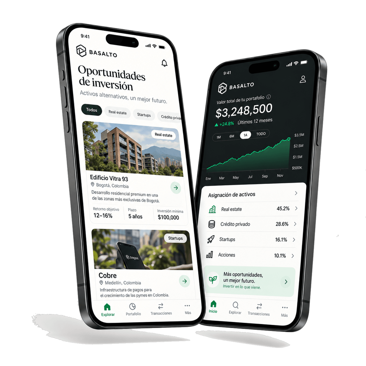 App de Basalto Capital: oportunidades de inversión y valor del portafolio por clase de activo